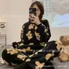 Corea2025 Otoño e Invierno Pijama de Terciopelo Coral para Niñas Cuadros Gato de Dibujos Animados Chica Suave Engrosado Cálido Ropa para el Hogar