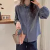 Camisa feminina de xadrez miúdo estilo europeu, manga longa, nova coleção outono 2026, cardigã artístico e vintage com manga sino e gola virada