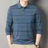 Camiseta de Manga Larga de Moda para Hombres, de Mediana Edad y Mayores, con Cuello Campana, Estilo Papá, Rayada, con Bolsillos, Top de Primavera y Otoño