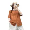 D8807 camisa de gaze de algodão com gola color block estilosa, listras verticais, manga curta, feminina, novidade de verão 2026, top slim fit