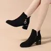 Novedad Otoño/Invierno 2026 Botas de Moda con Punta Fina y Tacón Grueso para Mujer Ante Escarchado Más Terciopelo Cremallera Lateral Cálida Botas de Moda Elegantes