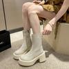 Botas Over-The-Knee Europeias e Americanas, Botas de Cano Alto Slim Femininas, Botas de Salto Alto Grosso de Bico Quadrado, Botas de Cavaleiro de Sola Grossa Pequena, Inverno
