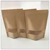 Suministro directo de fábrica bolsa con ventana de papel Kraft autosellante autoportante para alimentos fruta seca a prueba de humedad película mate bolsa con cremallera tridimensional en stock