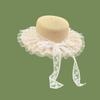 Nuevo Estilo 2025 Sombrero de Paja Plano con Lazo de Encaje Francés para Mujer Primavera y Verano Viajes Sombrilla Versátil y Sombrero de Protección Solar