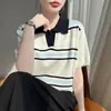 Camiseta de Punto con Cuello Campana a Rayas de Color Contrastante Estilo Coreano de Seda de Hielo para Mujer, Manga Corta, Holgada, Adelgazante, Suéter