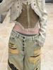 Jeans Feminino Tamanho Grande Estilo Americano Spice Girl Estampa de Leopardo Costura Design Jeans Retro Desgastado Calça de Perna Larga Solta