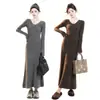 Vestido de Punto Gris con Cuello y Manga Larga Estilo Francés para Mujer, Otoño 2026 Nuevo Elegante Vestido Largo Ajustado Estilo Francés