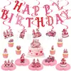 Banner de ambiente transfronterizo con temática dulce con elementos de camión pequeño retro rosa, banderín de cumpleaños, adorno para pastel y arreglos decorativos