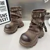 Botas de Caña Corta para Mujer Cuero Envejecido Hebilla Estilo Western Tacón de Bloque Suela Gruesa Botas Pantalón Marrón Desgastado Tacón Grueso Personalizado Desierto Mujer