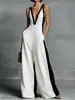 Macacão Feminino de Moda Verão 2026 Europeu e Americano Transfronteiriço com Decote V, Sem Mangas, Color Block, Alças, Pernas Largas