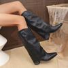 Botas de Equitação Europeias e Americanas para Comércio Exterior, Bico Fino Apontado, Slip-On, Salto Médio Longo, Estilo Retrô, Com Tachas, Botas de Cowboy Ocidentais Altas para Mulheres