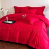 [Casamento Feliz] Algodão Puro Bordado Conjunto de Casamento de Quatro Peças Capa de Edredom de Casamento Lençóis Vermelho Grande Roupa de Cama de Casamento