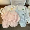 Novos conjuntos de pijama de primavera e verão para meninos e meninas, com calças estilo lanterna, blusas cardigã e conjuntos de duas peças xadrez com desenhos infantis