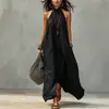 Vestido longo de alça europeu e americano estilo hot girl para férias femininas, sem costas, franzido, solto, ombro a ombro, vestido boêmio transfronteiriço para mulheres