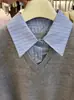 [Terciopelo Ártico] Suéter de punto tipo camisa, falso dos piezas, patchwork, para mujer, estilo coreano, nueva colección de otoño, suéter versátil con cuello en V