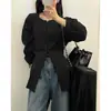 En stock Camisa de otoño chic coreana de un solo pecho con retazos de encaje y jacquard acanalado de manga larga para mujer 17968