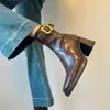 Versión de Cuero 7cm Suela Silenciosa Botines Elegantes de Tacón Alto de Cuero Suave para Mujer Punta Cuadrada Tacón Grueso Botines Delgados Otoño/Invierno