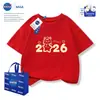 Nasa Lindo Caballo de la Suerte Ropa para Padres e Hijos de Primavera y Otoño Año del Caballo 2026 Ropa Festiva Ropa de Nochevieja Mangas Cortas Rojas