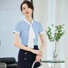Camisa de Verano Delgada de Manga Corta al por Mayor Lazo Camisa Rayada Azul Ropa de Trabajo para Mujer Traje Profesional Ropa de Trabajo al por Mayor