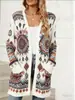 Nuevo cárdigan fino largo de comercio exterior transfronterizo con bolsillos, abrigo suéter de moda estampado para otoño e invierno, personalizado, casual para mujer