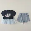Lindo Conjunto Dulce para Niñas 2026 Verano Nuevo Estilo Coreano Conjunto de Dos Piezas de Manga Corta para Bebé Niña con Dobladillo de Malla Mayoreo