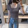 Fabricante Direto Atacado Camiseta Cor Lisa Gola Quadrada 2025 Casual Algodão Manga Curta Estilo Coreano Slim Camiseta Básica Processamento Personalizado