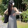 Vestido Sling Cinza Textura de Verão Feminino High-end Slim-fit Emagrecimento Em forma de pêra Corpo Quadril Saia Longa