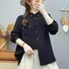 Camisa de algodão gaze dupla camada com mangas compridas para mulheres, design artístico com gola pontuda bordada, camisa de algodão puro de alta qualidade para exportação, corte solto