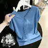 Camiseta de Punto Francesa con Cuello en V de Manga Corta para Mujer 2026 Verano Delgada Transpirable Holgada Adelgazante Top Camiseta de Media Manga Cárdigan