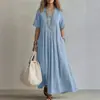 Vestido longo casual folgado de manga curta com decote V e cor sólida plissado, moda feminina transfronteiriça europeia e americana 2026