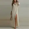Verano 2026 Nuevo Ropa Femenina Transfronteriza Europea y Americana Elegante Holgado Hombros Descubiertos Abertura Color Sólido Vestido Largo