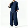 Conjunto de Camisa e Calça Masculina de Algodão e Linho Estilo Chinês Novo Verão 2026, Conjunto de Duas Peças com Gola Alta Botonê Retro