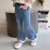 Pantalones de Mezclilla con Perlas en el Tobillo Estilo Coreano para Niñas Estilo Primavera/Otoño 2026 Nuevos Pantalones Elegantes de Moda para Niñas Tendencia