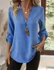 Camisa casual suelta de color liso con cuello en V, talla grande, para mujer, comercio exterior transfronterizo, europeo y americano, nueva para la primavera y el verano de 2025
