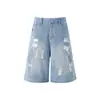 Shorts de Mezclilla Lavados y Rotos de Cintura Alta para Hombre, Verano Retro Americano de Longitud Media Rectos Casuales