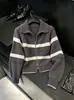 Casaco Cardigan de Tricô com Zíper, Gola Reversível Listrada, Estilo Coreano, Suéter para Mulheres, Solto e Casual para Outono e Inverno