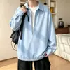 Nueva chaqueta camisa de corte holgado, camisa de manga larga para hombre, diseño de dos piezas falso, marca de tendencia estilo americano de otoño, azul y blanco