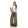 Outono e Inverno Novo Estilo Retrô Americano Bloco de Cores Estruturalismo Senso de Design Cintura Alta Solto Perna Larga Calças Casuais Femininas