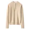 Novedad Otoño/Invierno 2025 Camiseta Base de Punto Canalé Falsa de Dos Piezas con Cuello Doble y Media Botonadura 100% Cachemir Puro para Mujer