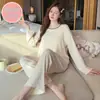Pijama de Modal para Mujer con Almohadilla en el Pecho Primavera y Otoño Delgado de Manga Larga Estilo Simple Talla Grande para Gordita Traje de Ropa para el Hogar