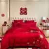 Conjunto de quatro peças para casamento, 100% algodão, vermelho vivo, para camas de noivos, incluindo lençóis e fronhas de edredom, alta qualidade, algodão puro, perfeito para o quarto de recém-casados