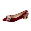 Zapatos de tacón alto puntiagudos para mujer, tacón grueso, novedad de 2023, con boca poco profunda de perla de una sola capa, zapatos de novia rojos para vestido de novia Xiuhe