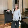Colección Otoño 2026: Camiseta de encaje patchwork atractiva para mujer de talla grande, con diseño de dos piezas falso y cintura con cordón