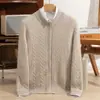 Suéter masculino de cashmere com gola semi-alta, cardigã com zíper, suéter de tricô trançado, casaco masculino liso espesso para outono e inverno