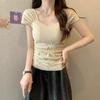 Camiseta Feminina de Verão com Gola Quadrada Tricotada em Seda Gelo, Novo Estilo, Estilo Ocidental, Rejuvenescedora, Fina, Modelagem Slim, Emagrecedora, Top da Moda