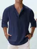 2026 Amazon Comercio Exterior Camiseta de Lino para Hombre con Cuello Mao de Manga Larga Sudadera Holgada Camisa Lisa de Manga Larga de Algodón y Lino para Hombre