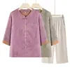 Roupas de verão para o Dia das Mães para idosos, blusas estilosas primavera-verão para avós, novo conjunto de duas peças de camisa e calça estilo chinês