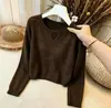 Suéter tejido retro de punto hueco de manga larga color café para mujer 2026 otoño nuevo suelto adelgazante prenda interior top base
