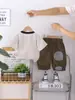 Conjunto de Verão Xadrez com Bolso para Meninos, Roupa Esportiva de Verão para Bebês e Crianças, Conjunto Elegante de Manga Curta para Bebês de 3-4 Anos