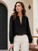 Camisa de satén con escote en V y ribete de encaje para mujer, superventas transfronterizo europeo y americano, mangas abullonadas, corte ajustado, elegante top de manga larga para ir al trabajo